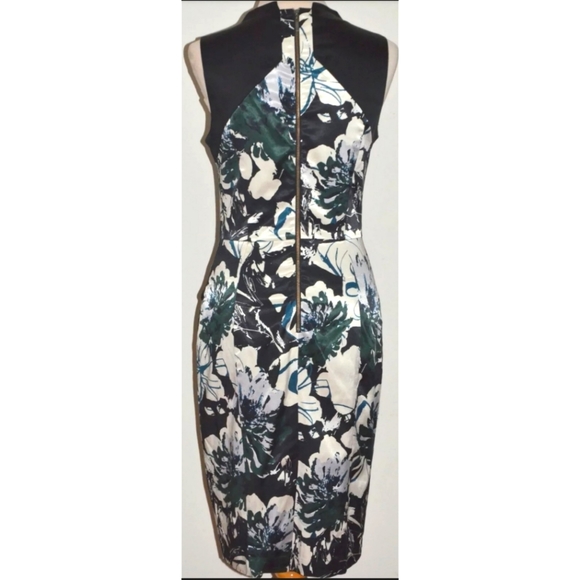 CUE BLACK IVORY & GREEN SATIN FLORAL PENCIL DRESS - Picture 3 of 3